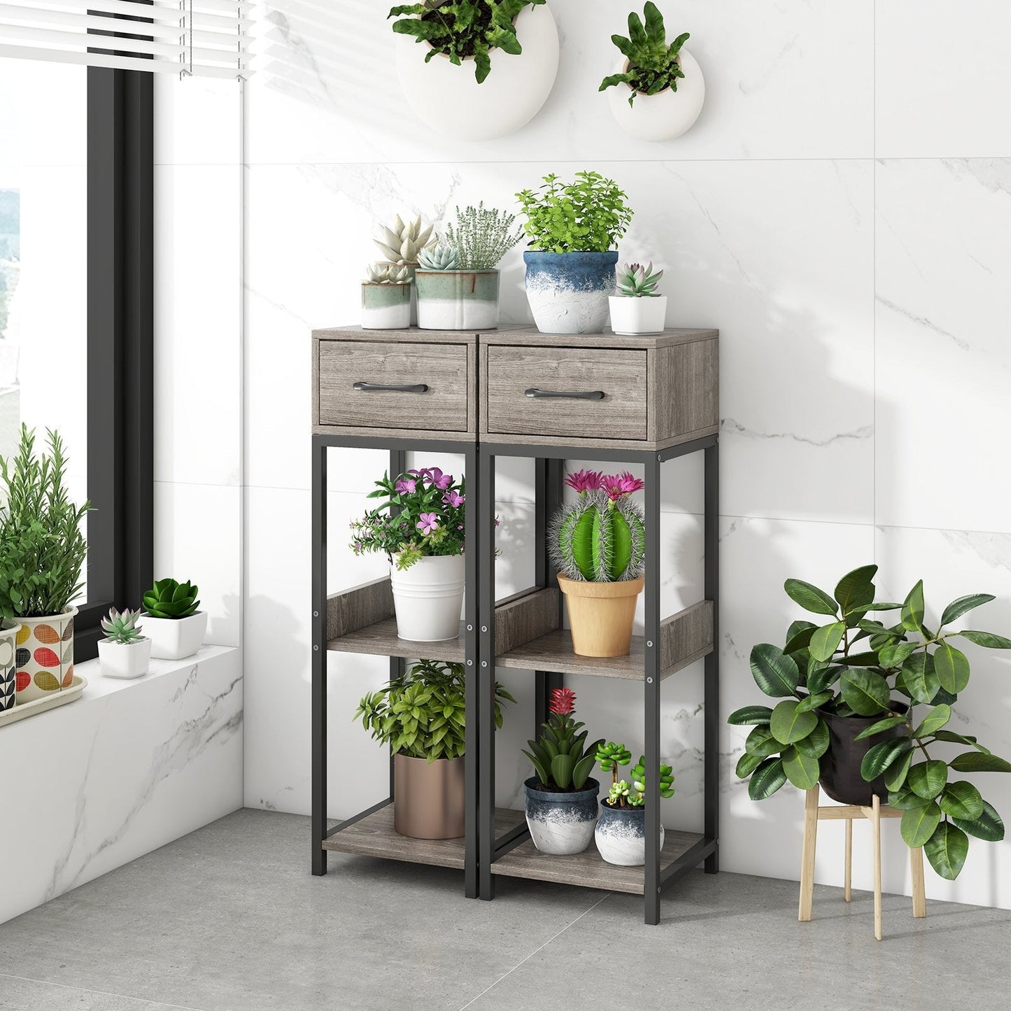 3 Tier Indoor Tall Plant Stand with Drawer and Anti-tipping Devices-Grey