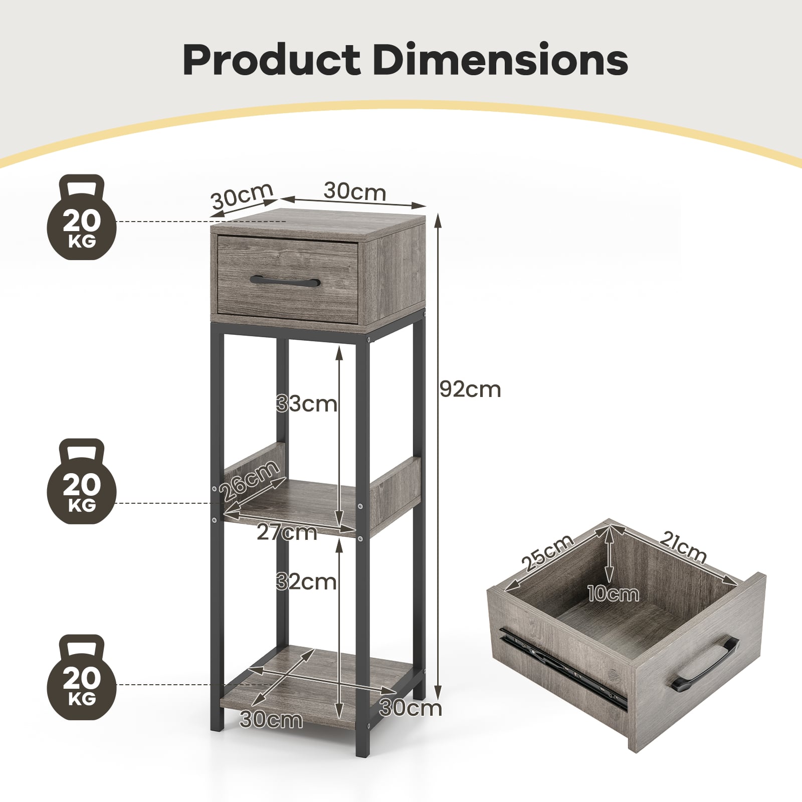 3 Tier Indoor Tall Plant Stand with Drawer and Anti-tipping Devices-Grey