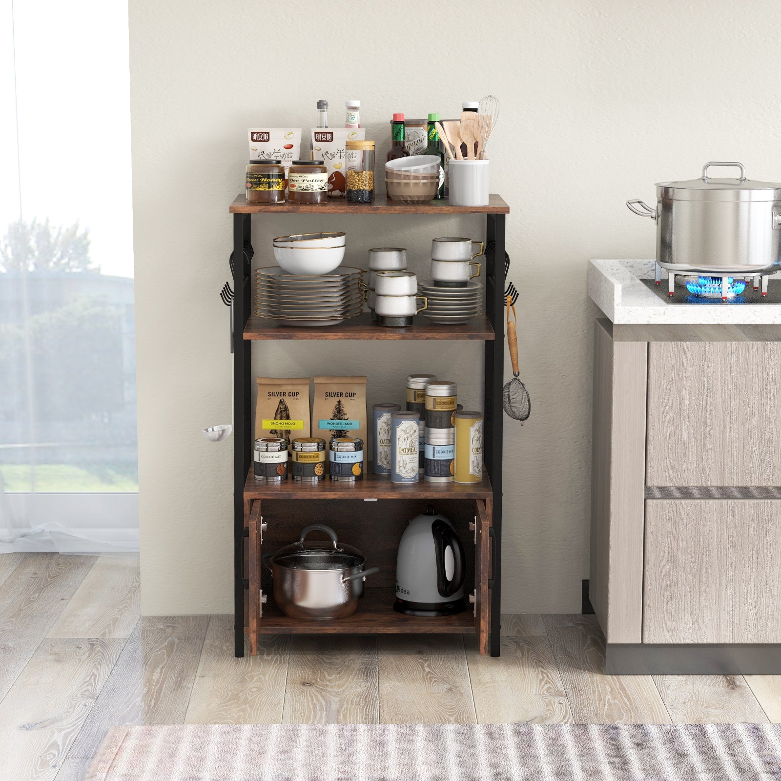 3-Tier Kitchen Bakers Rack with Cabinet Open Shelves and 10 Removable S-Shaped Hooks-Brown
