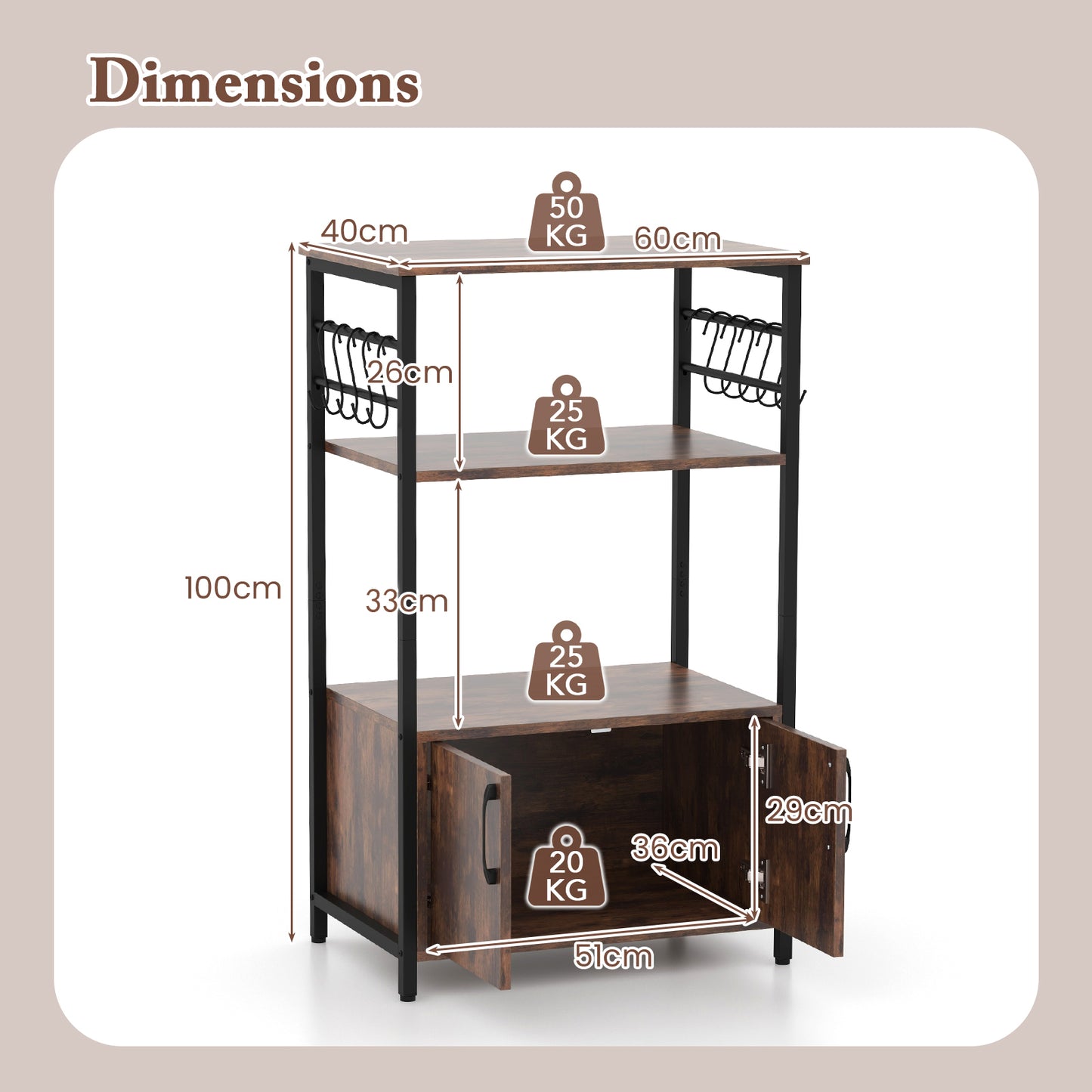 3-Tier Kitchen Bakers Rack with Cabinet Open Shelves and 10 Removable S-Shaped Hooks-Brown