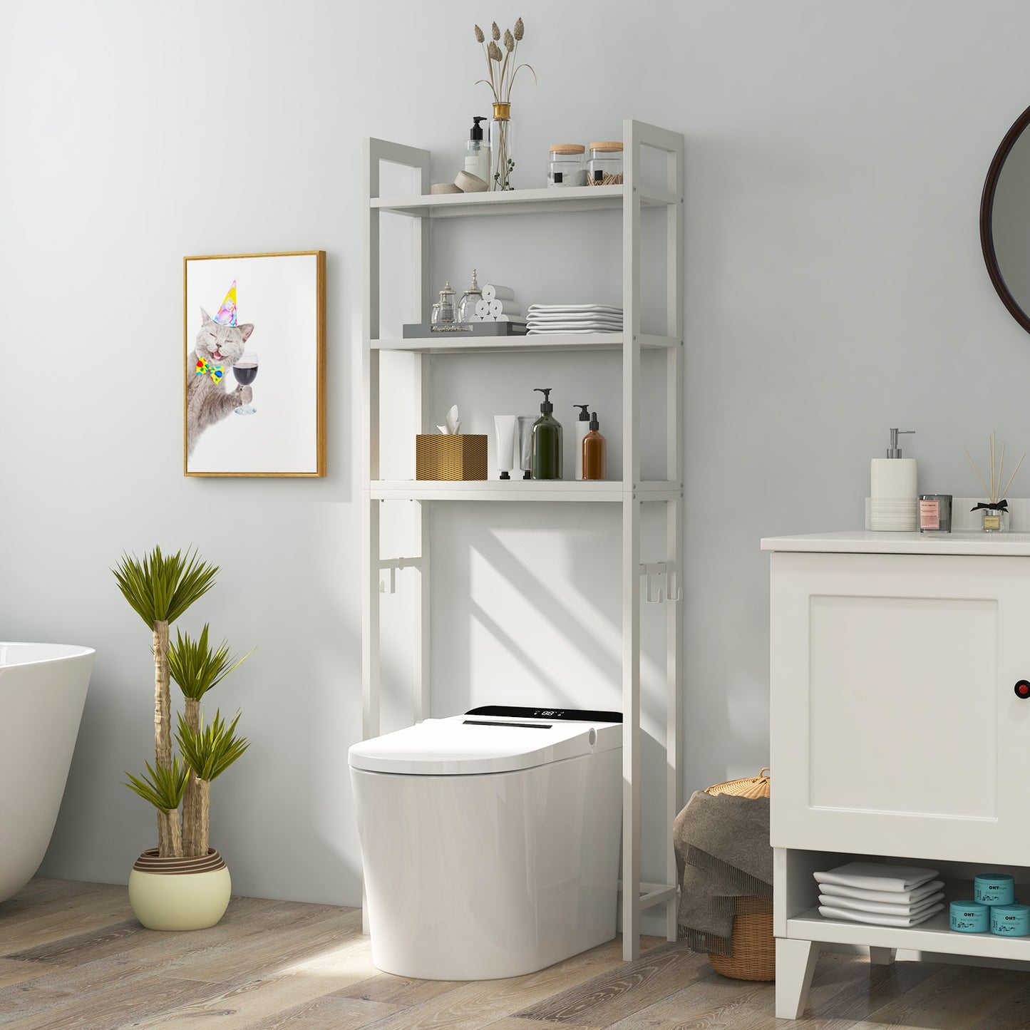Over-The-Toilet Storage Shelf with Anti-tipping Device and Hooks-White