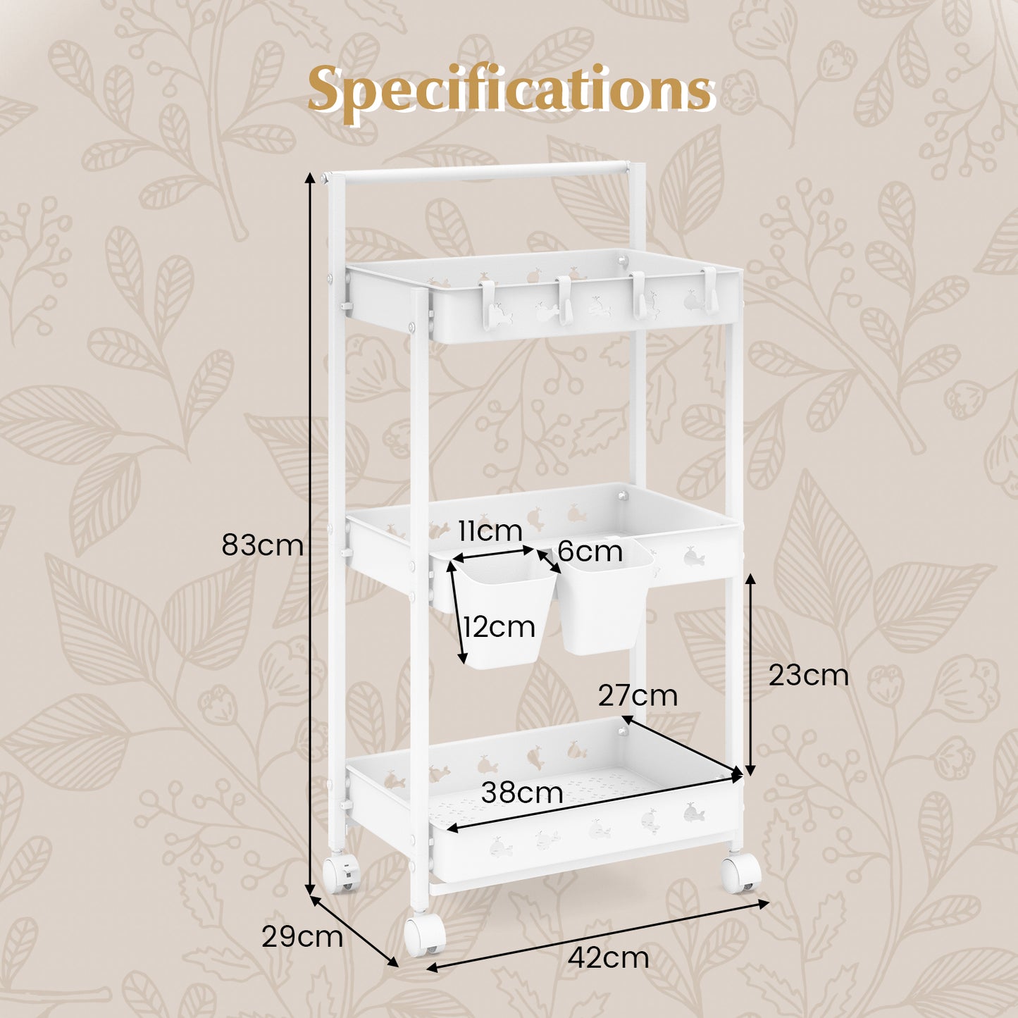 3-Tier Rolling Storage Cart with 2 Hanging Cups and 4 Hooks-White