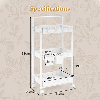 3-Tier Rolling Storage Cart with 2 Hanging Cups and 4 Hooks-White