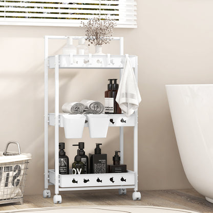 3-Tier Rolling Storage Cart with 2 Hanging Cups and 4 Hooks-White