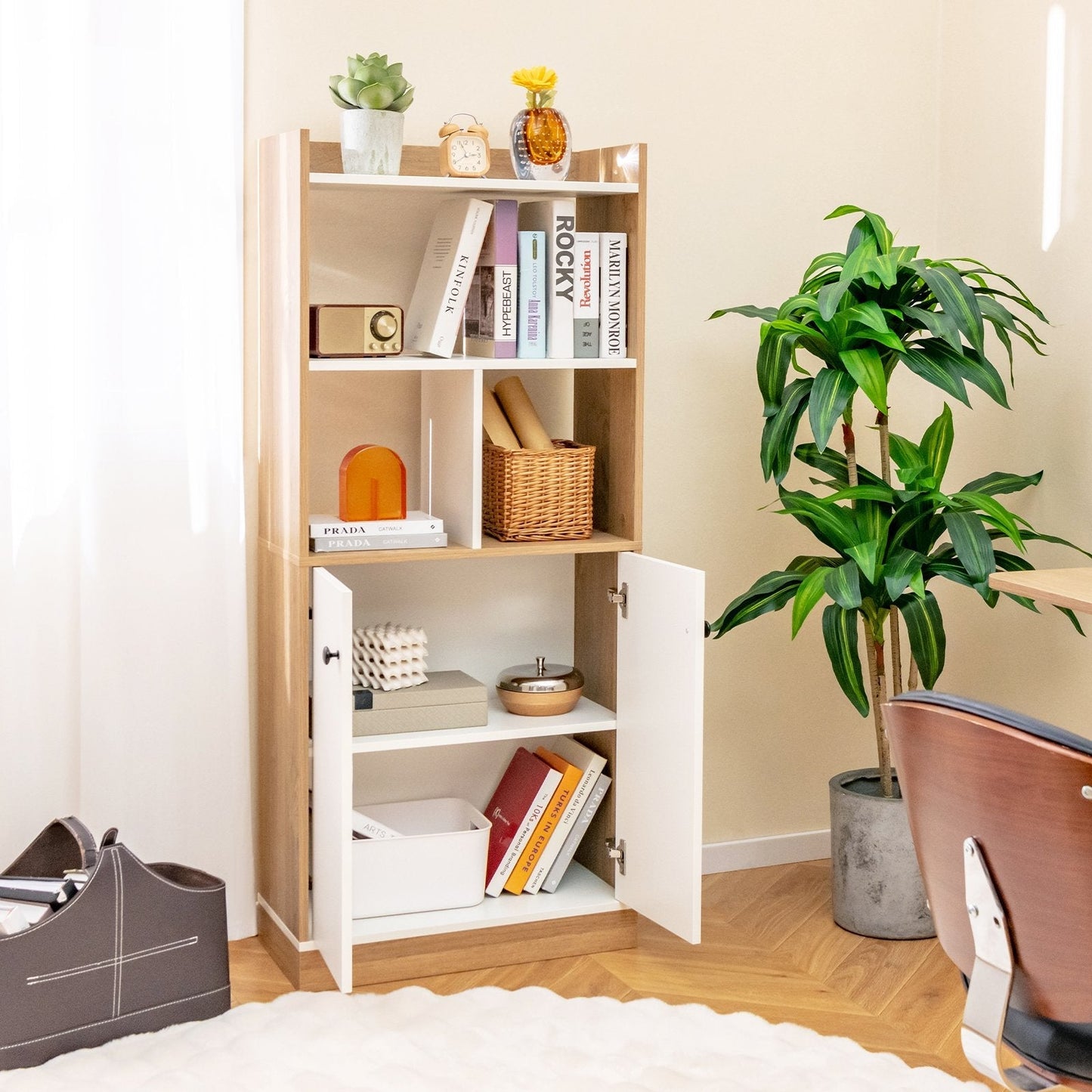 3-Tier Tall Bookcase with Double-Door Cabinet