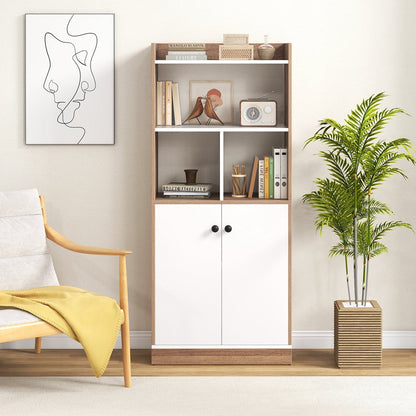 3-Tier Tall Bookcase with Double-Door Cabinet