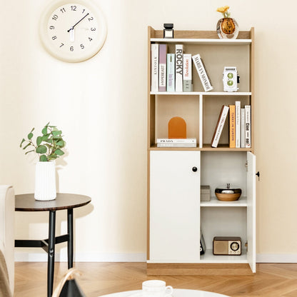 3-Tier Tall Bookcase with Double-Door Cabinet