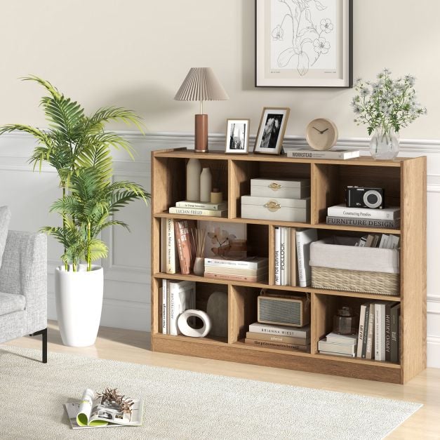 3-Tier Open Bookshelf Storage Cabinet with 8 Cubies-Natural