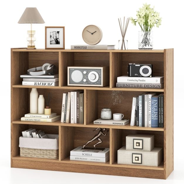 3-Tier Open Bookshelf Storage Cabinet with 8 Cubies-Natural