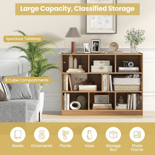 3-Tier Open Bookshelf Storage Cabinet with 8 Cubies-Natural