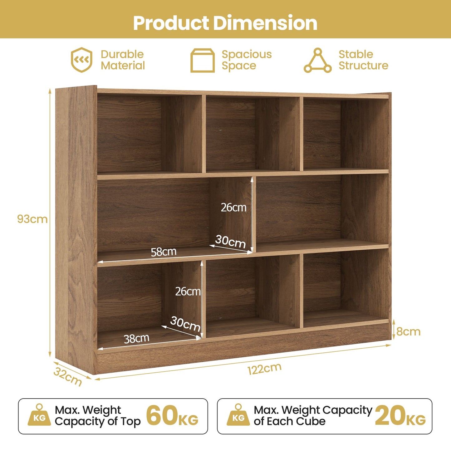 3-Tier Wooden Cube Bookcase with 8 Compartments-Natural
