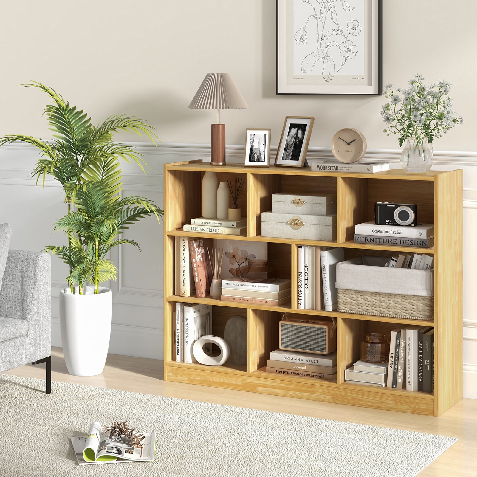 3-Tier Wooden Cube Bookcase with 8 Compartments-Yellow