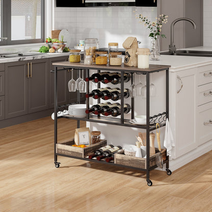 3 Tiers Bar Cart on Wheels with Glass Racks-Brown