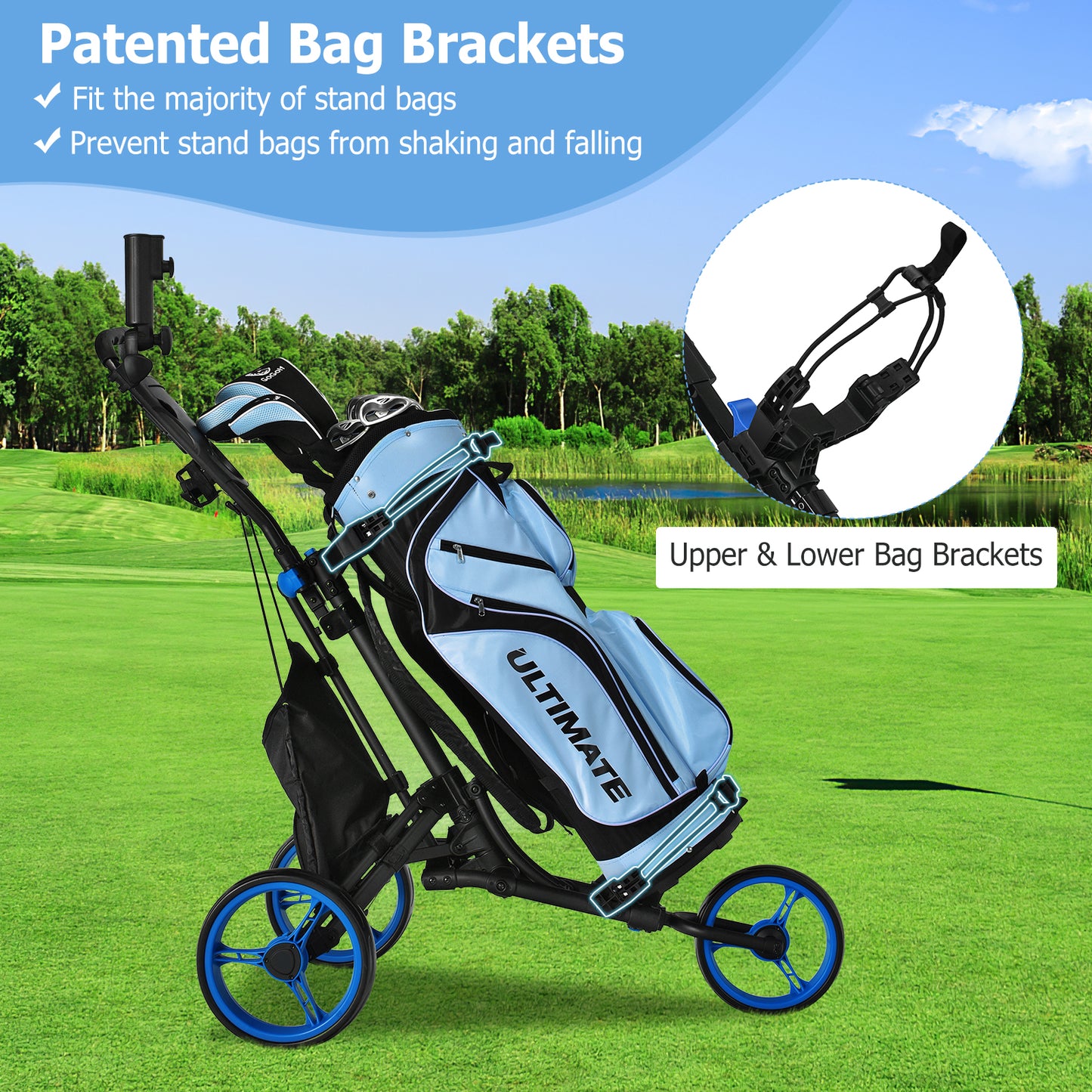 3 Wheel Golf Push Pull Cart with Adjustable Height Handle-Blue
