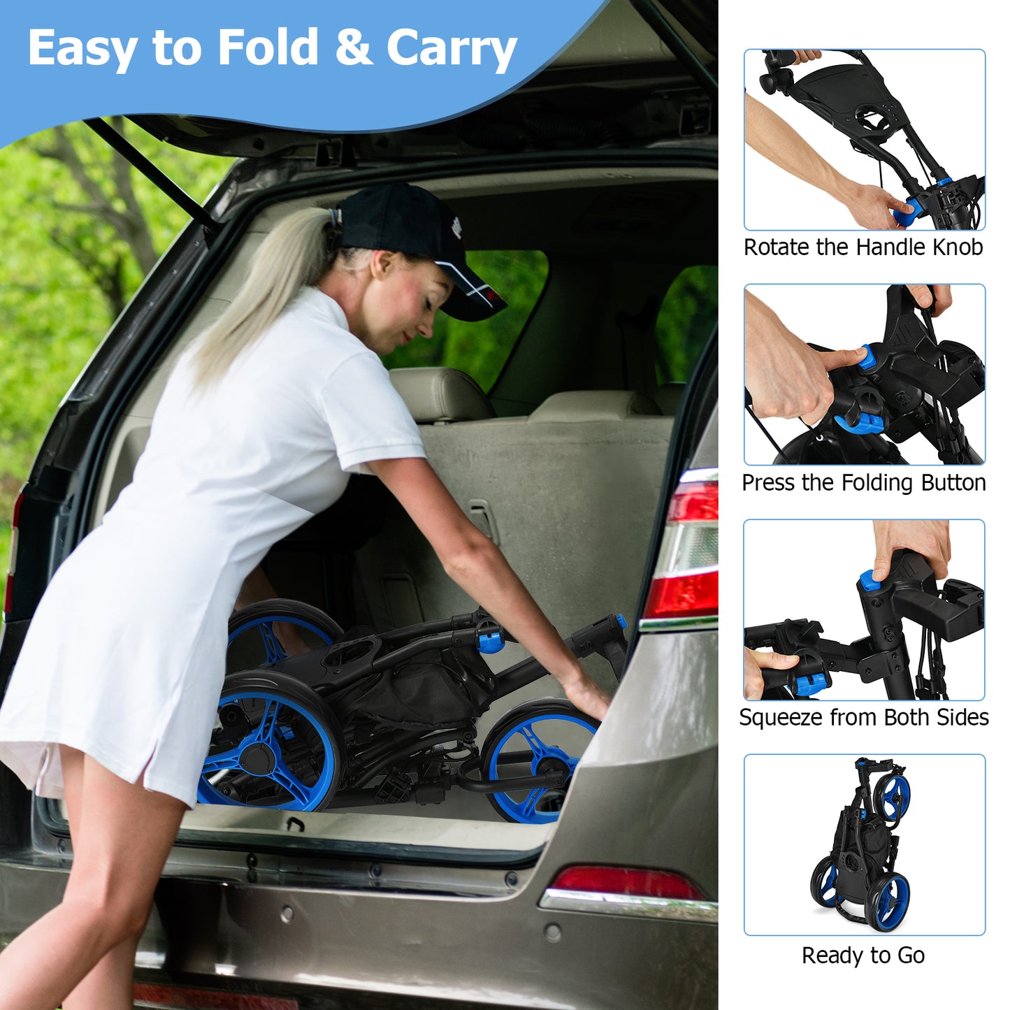 3 Wheel Golf Push Pull Cart with Adjustable Height Handle-Blue
