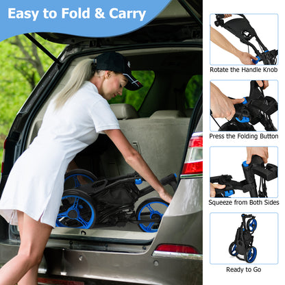 3 Wheel Golf Push Pull Cart with Adjustable Height Handle-Blue