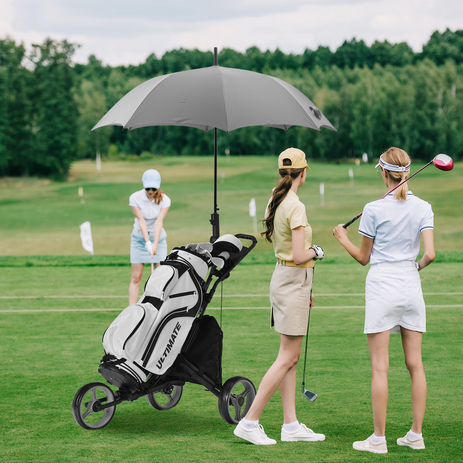 3 Wheel Golf Push Pull Cart with Adjustable Height Handle-Grey