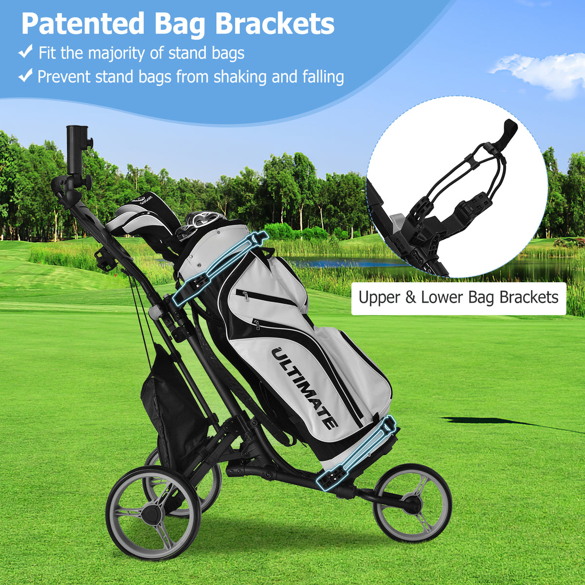 3 Wheel Golf Push Pull Cart with Adjustable Height Handle-Grey
