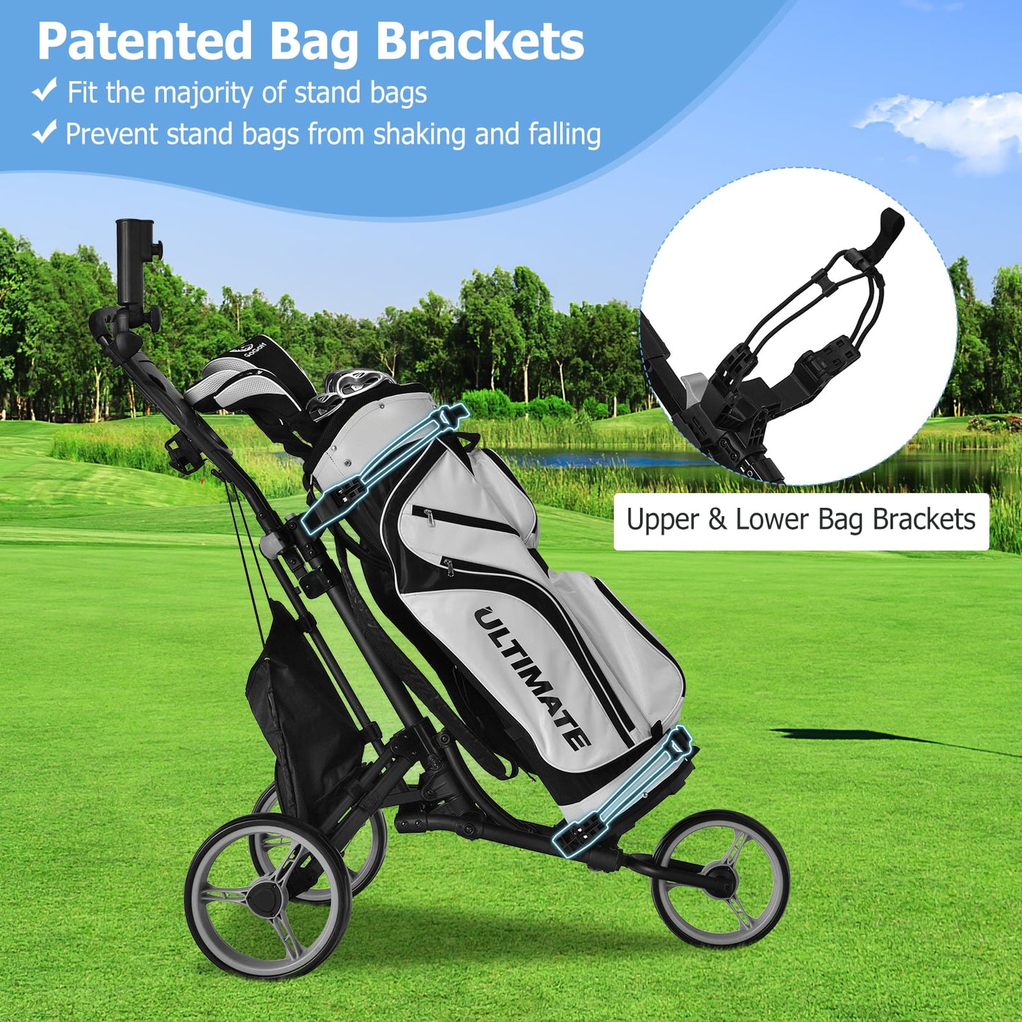 3 Wheel Golf Push Pull Cart with Adjustable Height Handle-Grey