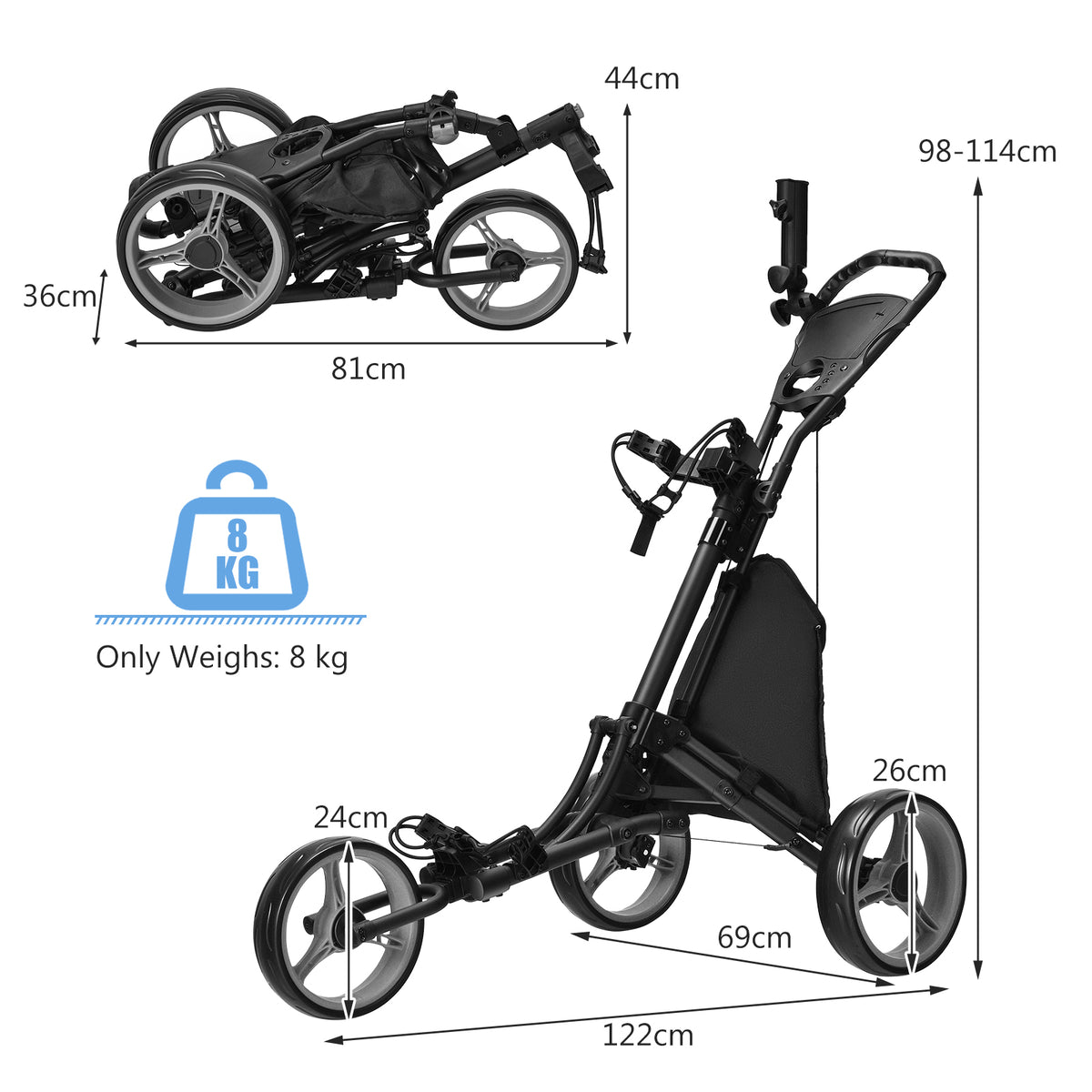 3 Wheel Golf Push Pull Cart with Adjustable Height Handle-Grey