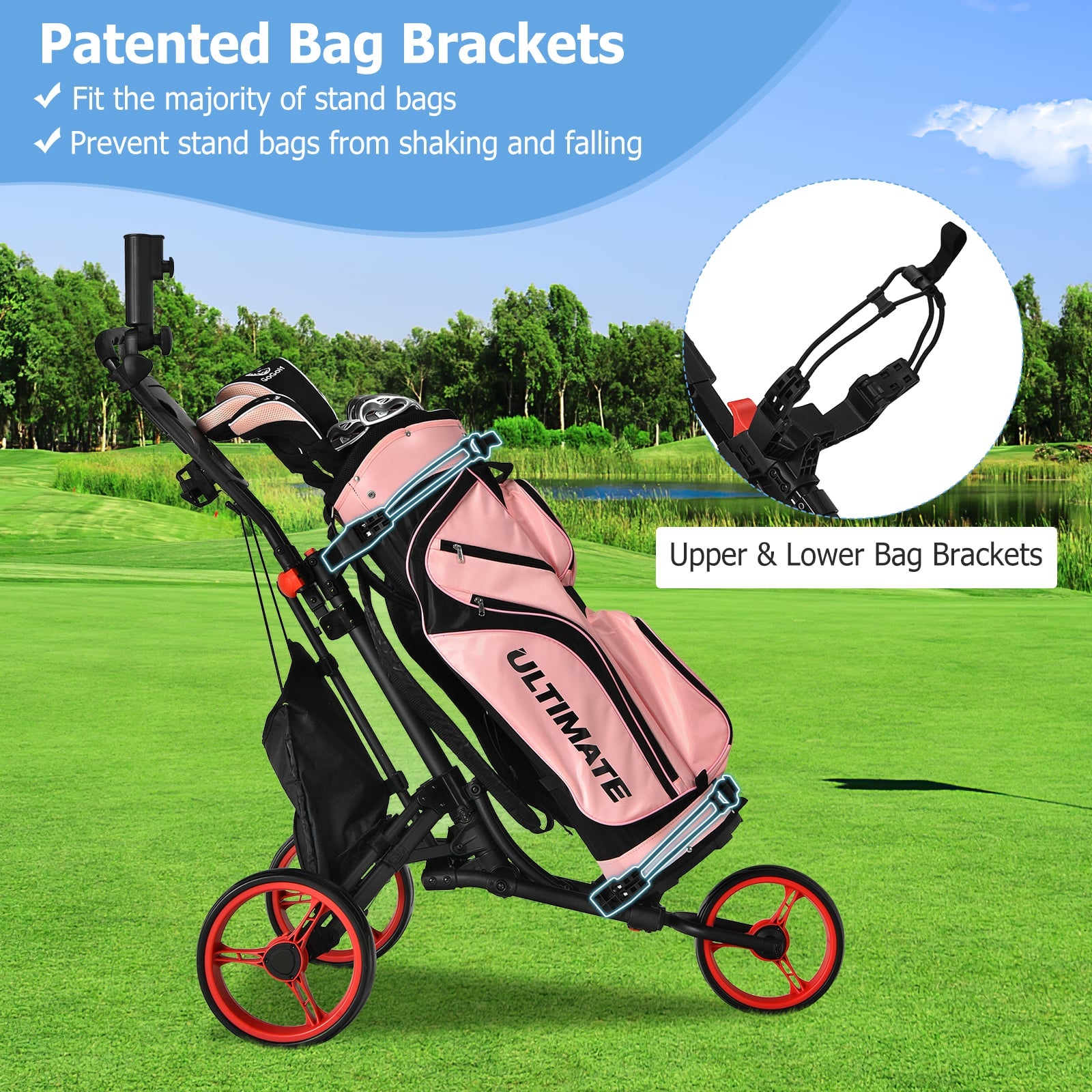 3 Wheel Golf Push Pull Cart with Adjustable Height Handle-Red