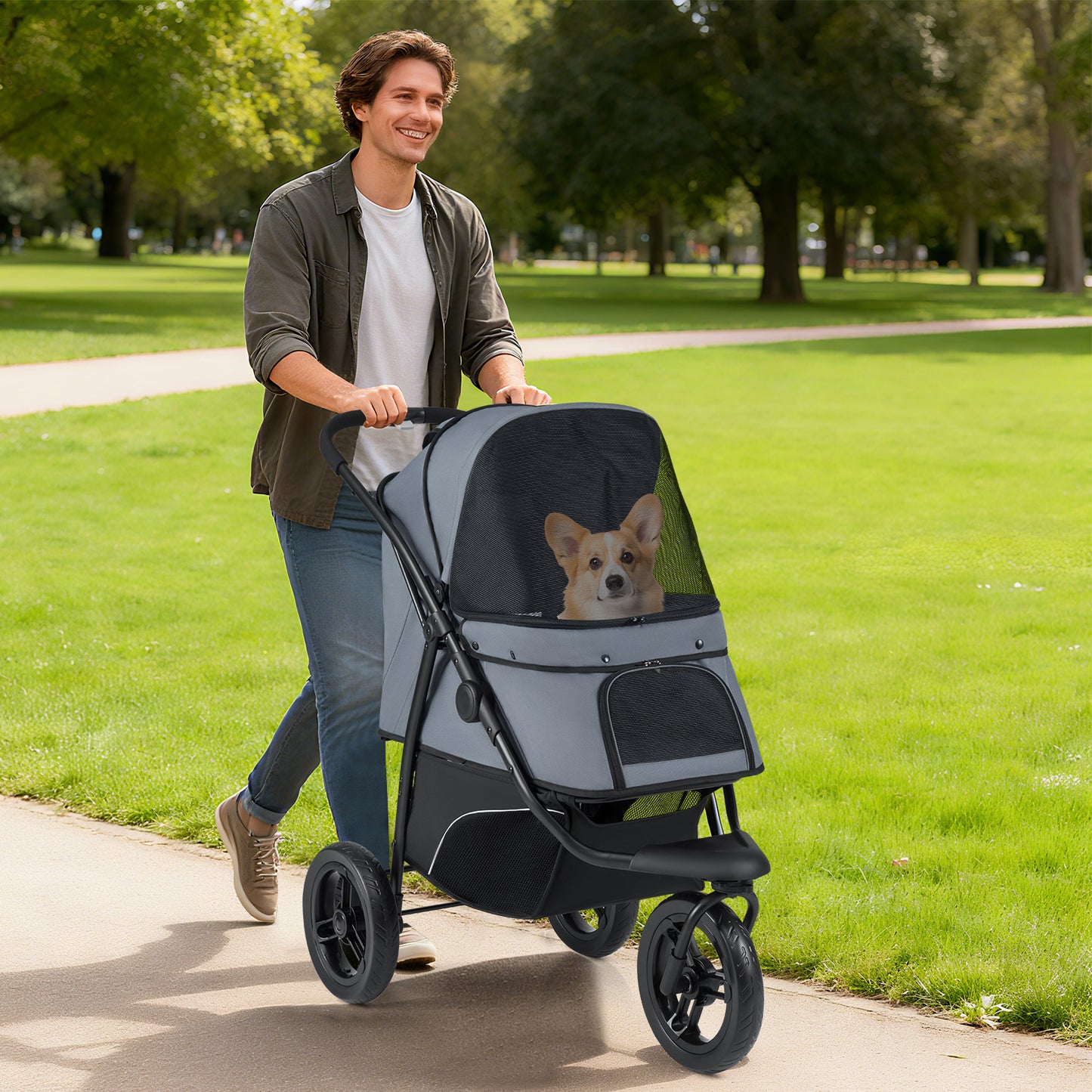3-Wheel Pet Stroller for Small and Medium Dogs with All-Terrain Wheels-Grey