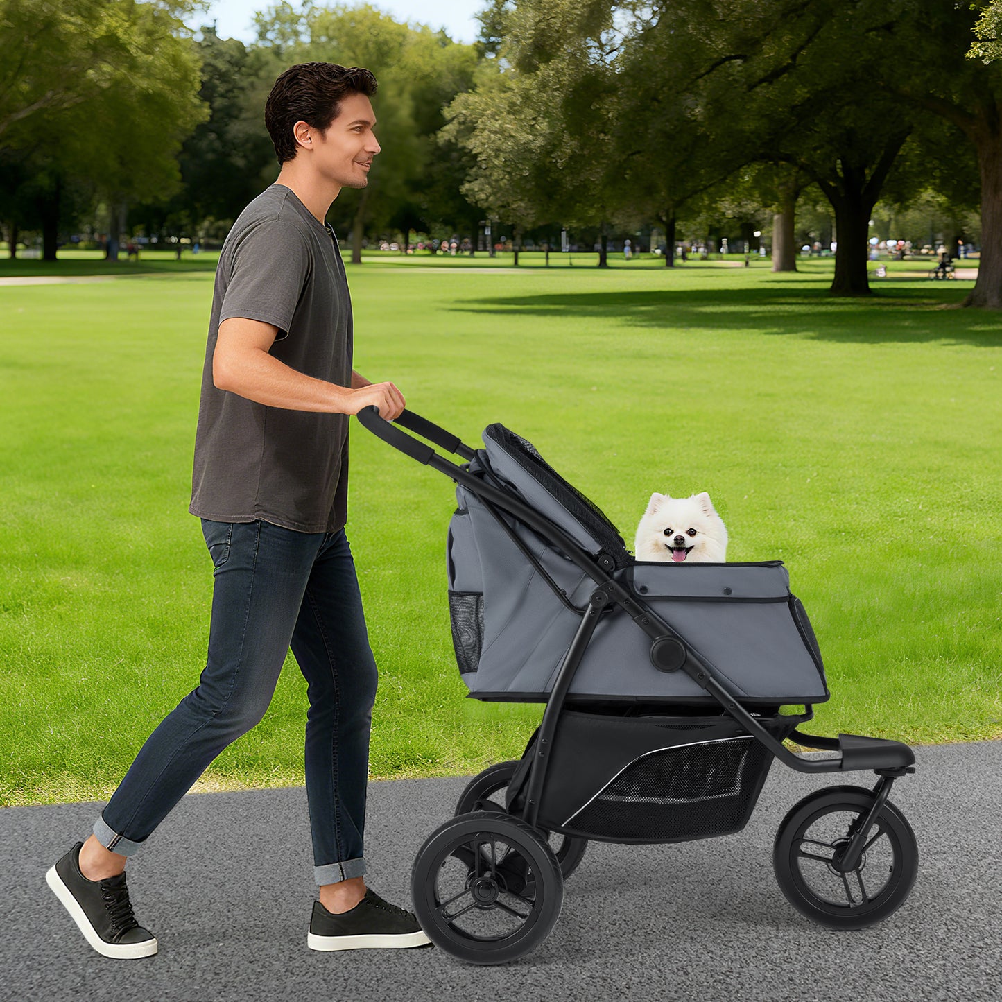 3-Wheel Pet Stroller for Small and Medium Dogs with All-Terrain Wheels-Grey