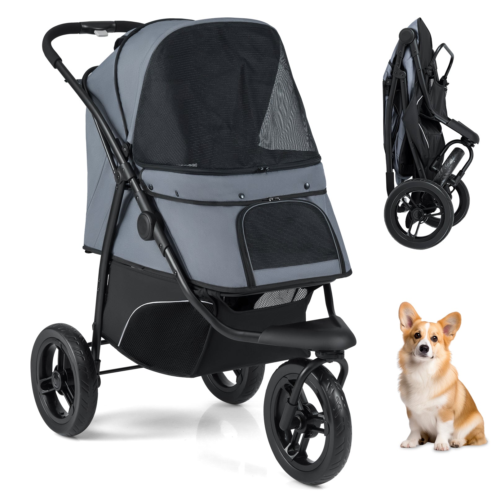 3-Wheel Pet Stroller for Small and Medium Dogs with All-Terrain Wheels-Grey