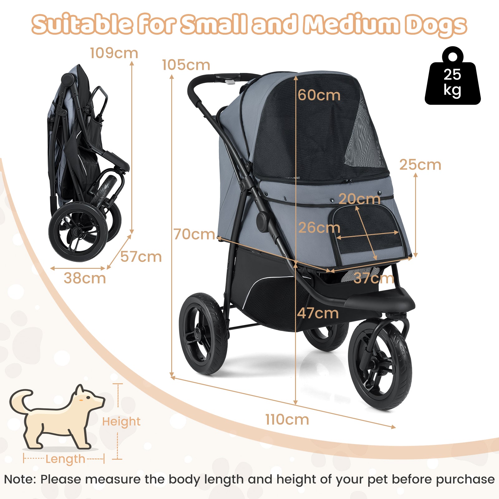 3-Wheel Pet Stroller for Small and Medium Dogs with All-Terrain Wheels-Grey
