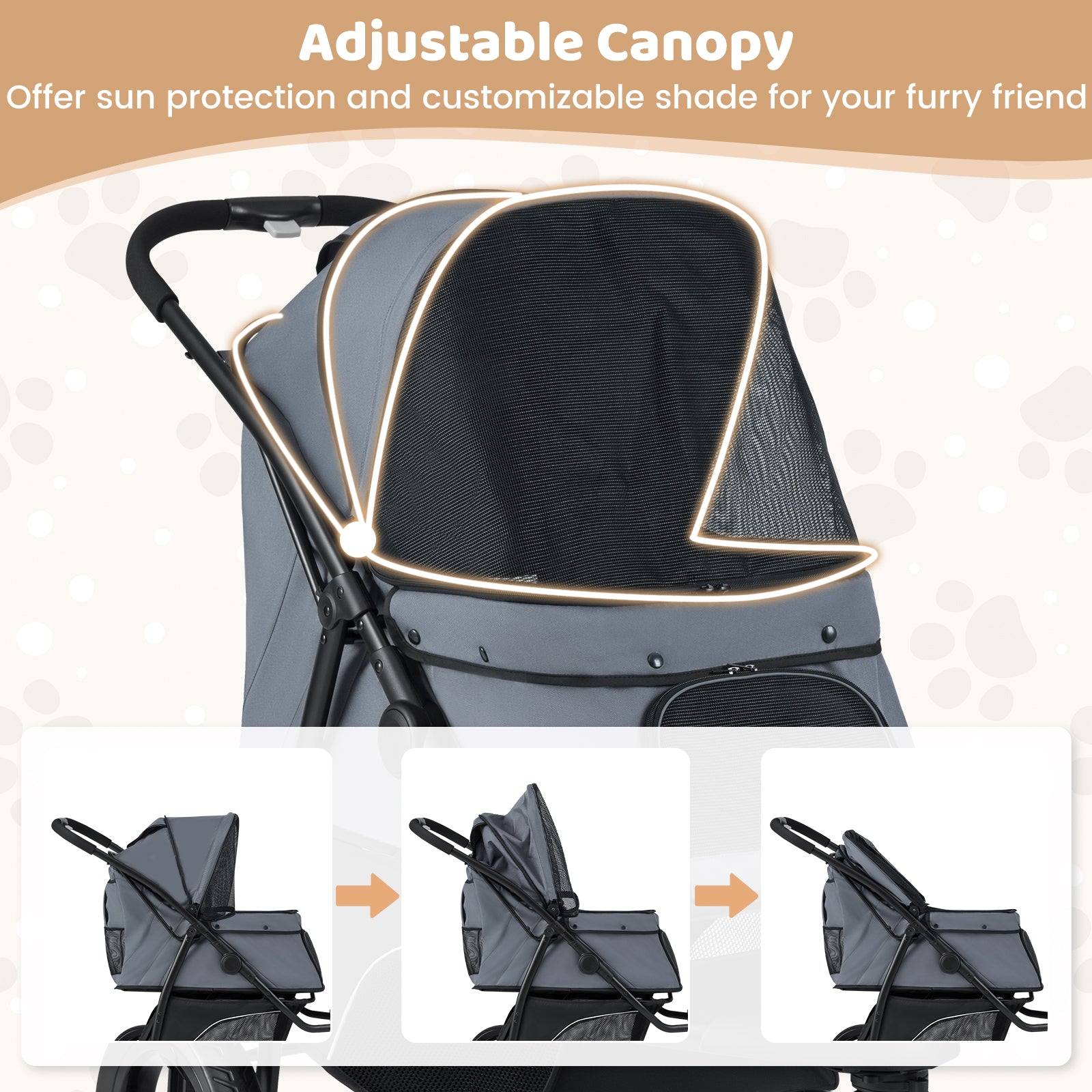 3-Wheel Pet Stroller for Small and Medium Dogs with All-Terrain Wheels-Grey