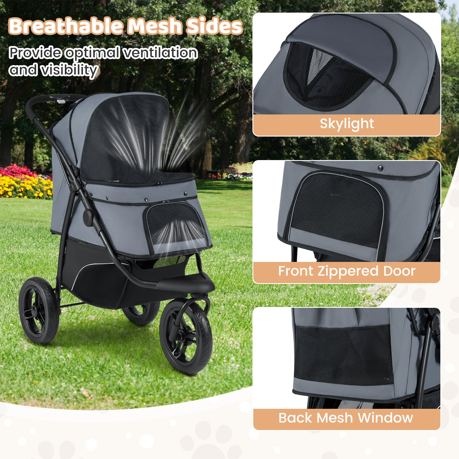 3-Wheel Pet Stroller for Small and Medium Dogs with All-Terrain Wheels-Grey