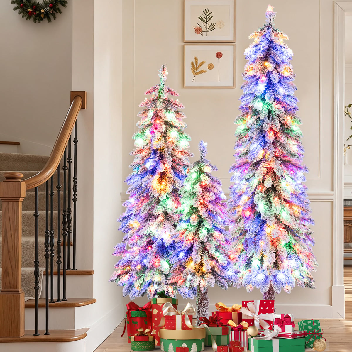 3’ 4’ 5’ Artificial Christmas Tree Set with 115 + 207 + 275 Branch Tips and 50 + 100 + 150 Colorful LED Lights