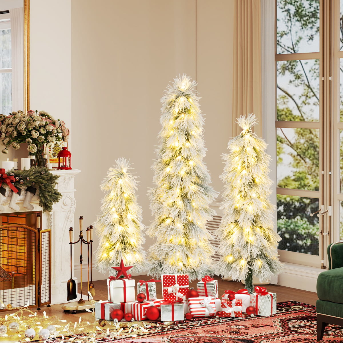 3’ 4’ 5’ Artificial Christmas Tree Set with Branch Tips and LED Lights