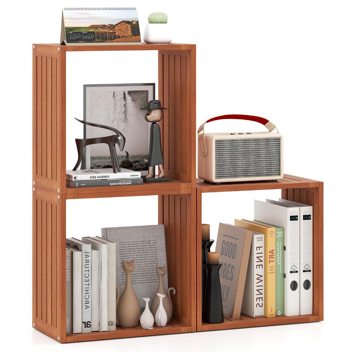 3 Cube Bookcases Stacking Organizers with Open Slatted Design