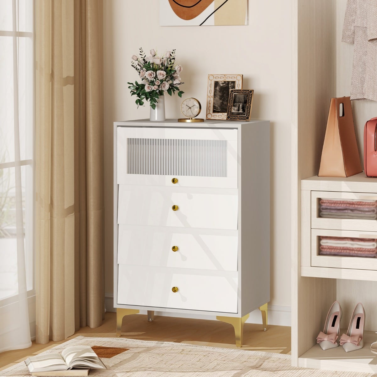 3/4 Drawer Dresser Cabinet with Flip Up Fluted Glass Door-3 Drawers