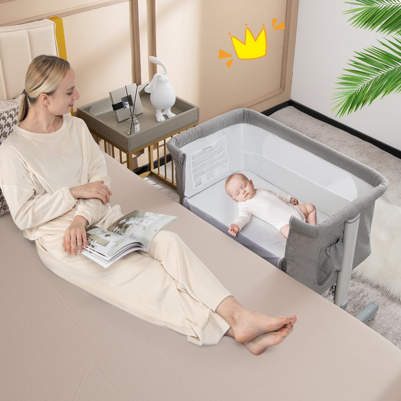 3-in-1 Adjustable Baby Bedside Bassinet with Mattress-Light Grey