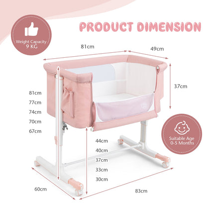 3-in-1 Adjustable Baby Bedside Bassinet with Mattress-Pink