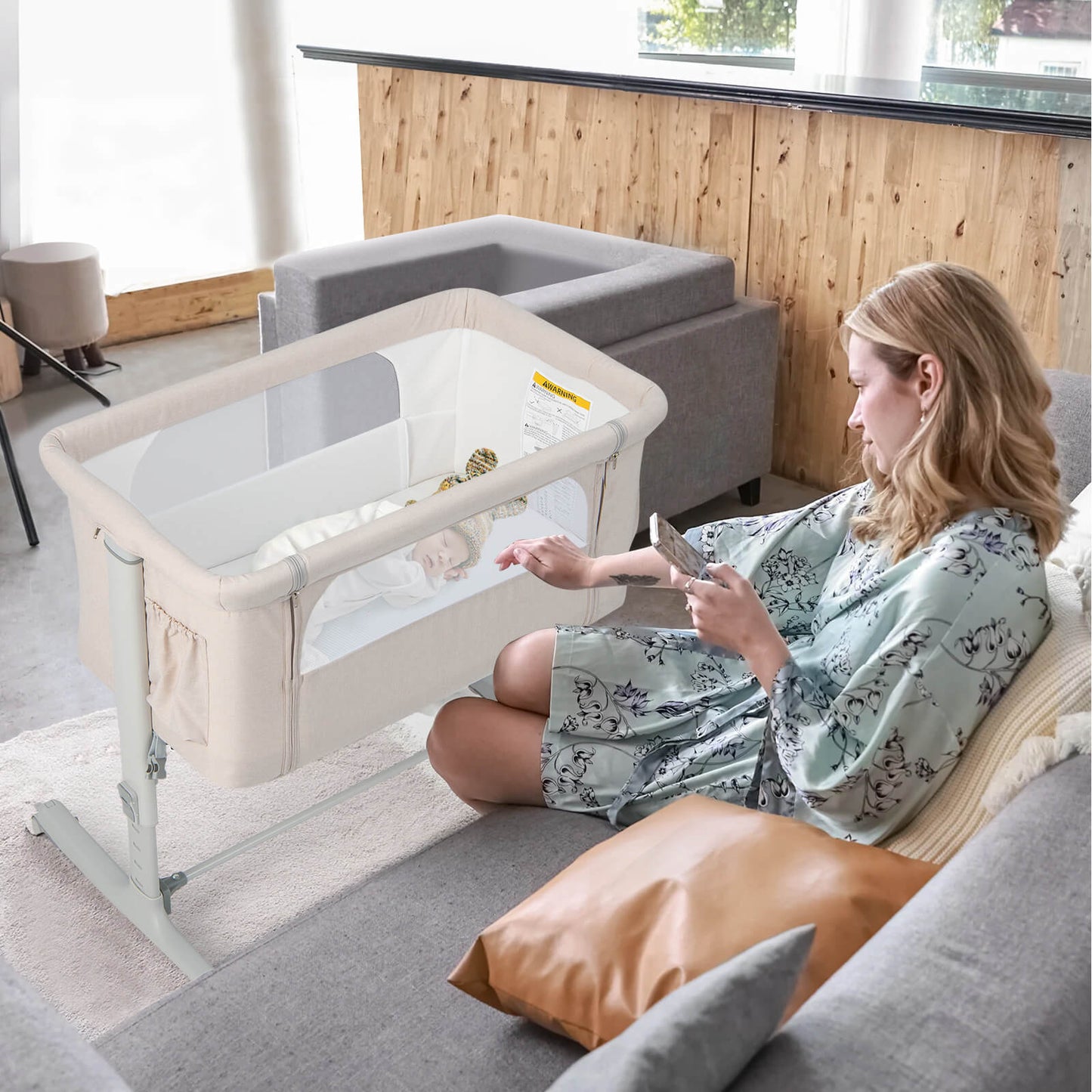 3-in-1 Adjustable Baby Bedside Bassinet with Mattress-Beige