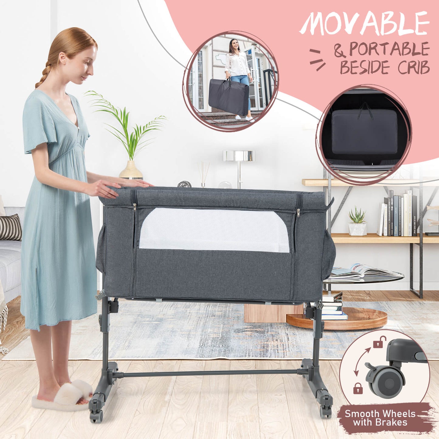 3-in-1 Adjustable Baby Bedside Bassinet with Mattress-Grey