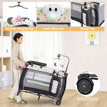 3 in 1 Baby Activity Center Foldable Pack and Play with Diaper Changing Table-Black
