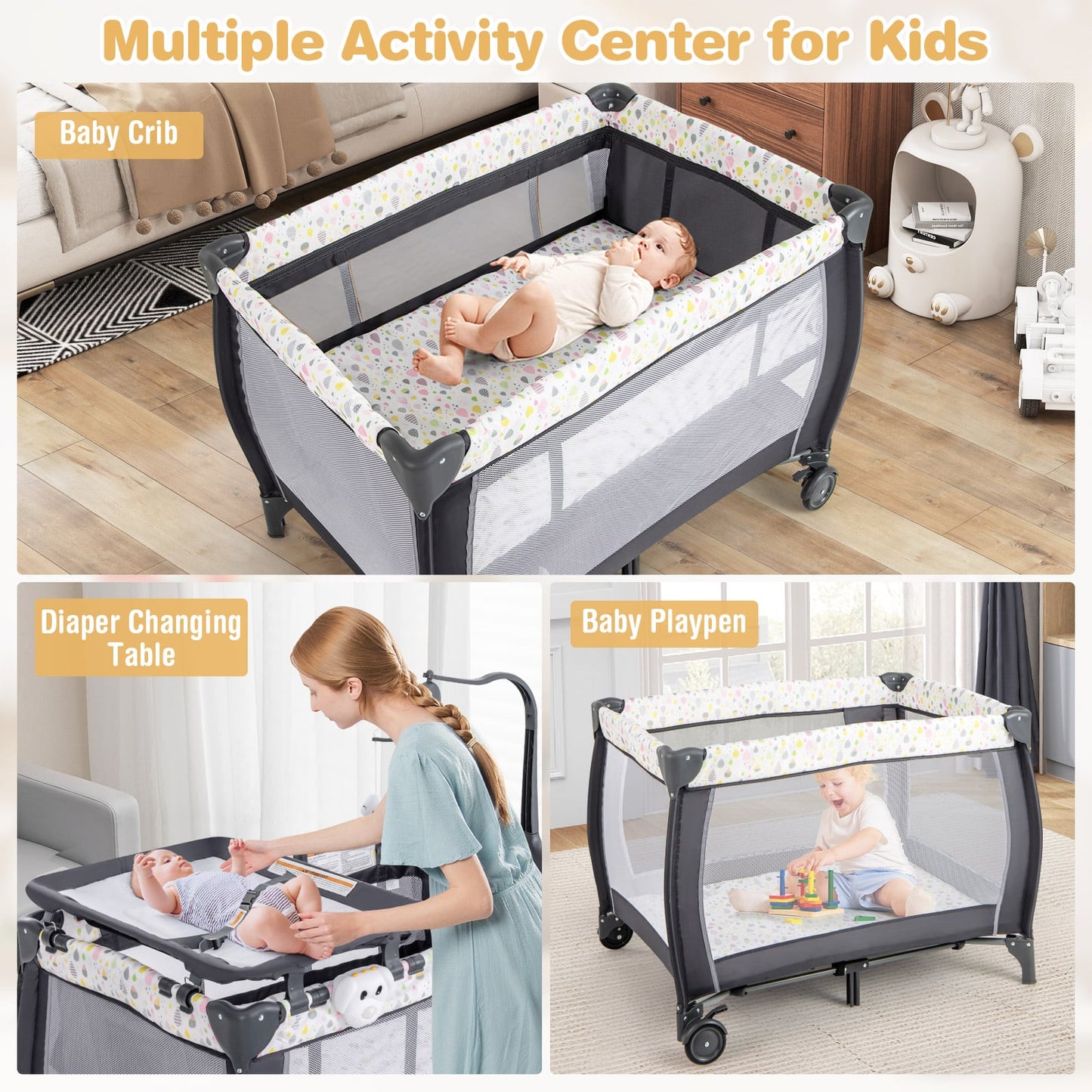 3 in 1 Baby Activity Center Foldable Pack and Play with Diaper Changing Table-Black