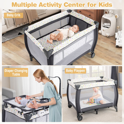 3 in 1 Baby Activity Center Foldable Pack and Play with Diaper Changing Table-Black