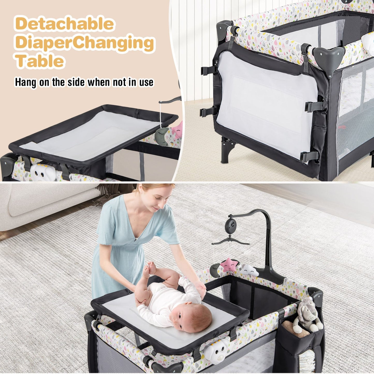 3 in 1 Baby Activity Center Foldable Pack and Play with Diaper Changing Table-Black