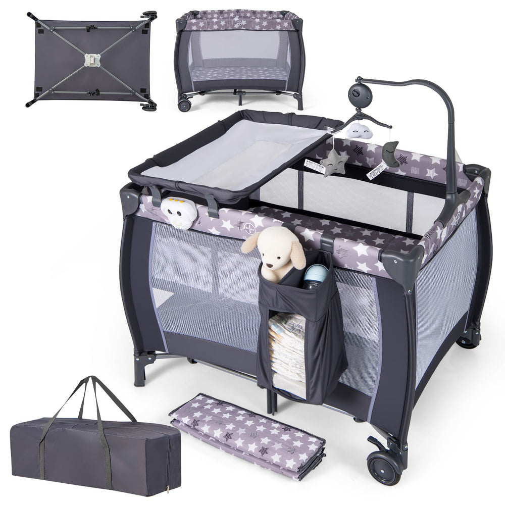 3 in 1 Baby Activity Center Foldable Pack and Play with Diaper Changing Table-Grey