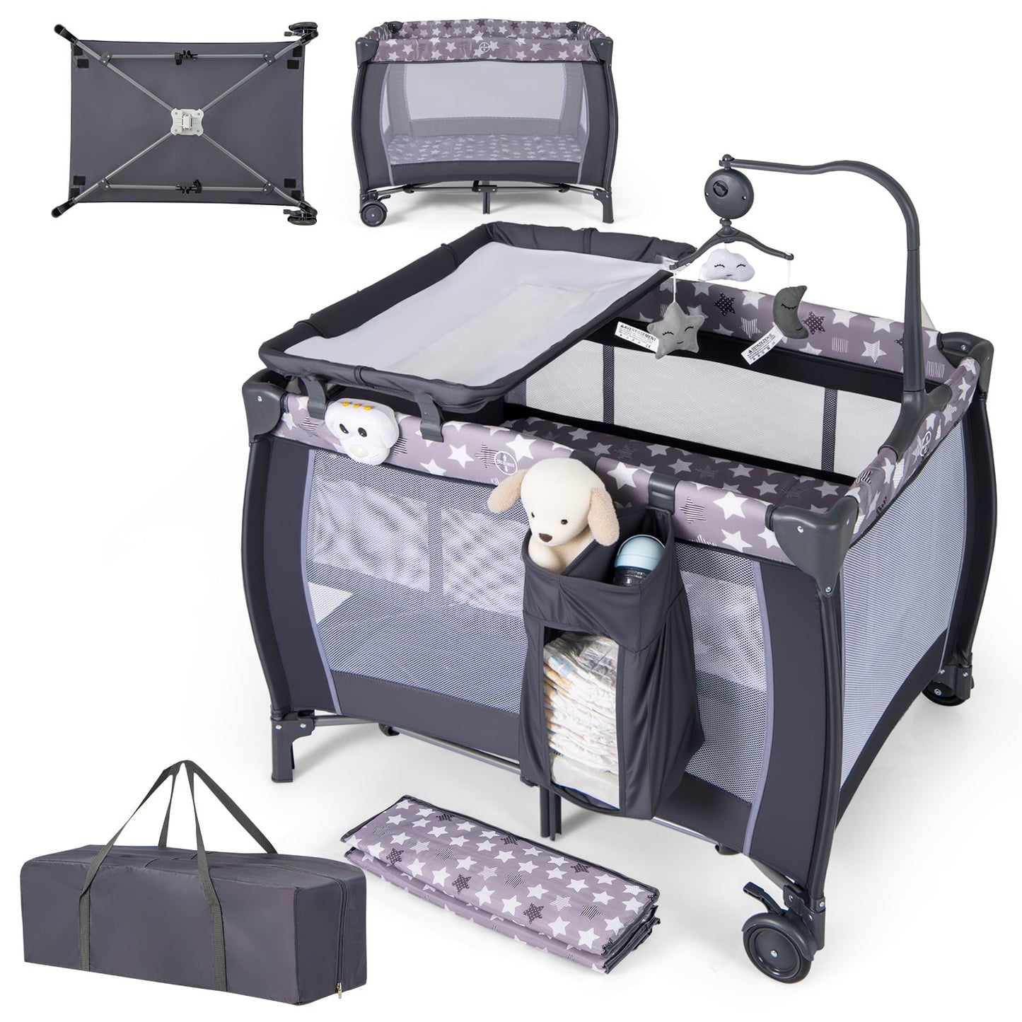 3 in 1 Baby Activity Center Foldable Pack and Play with Diaper Changing Table-Grey