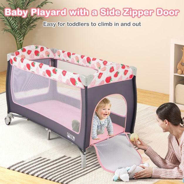 3 in 1 Baby Playard Portable Infant Nursery Center with Toy Bar-Pink