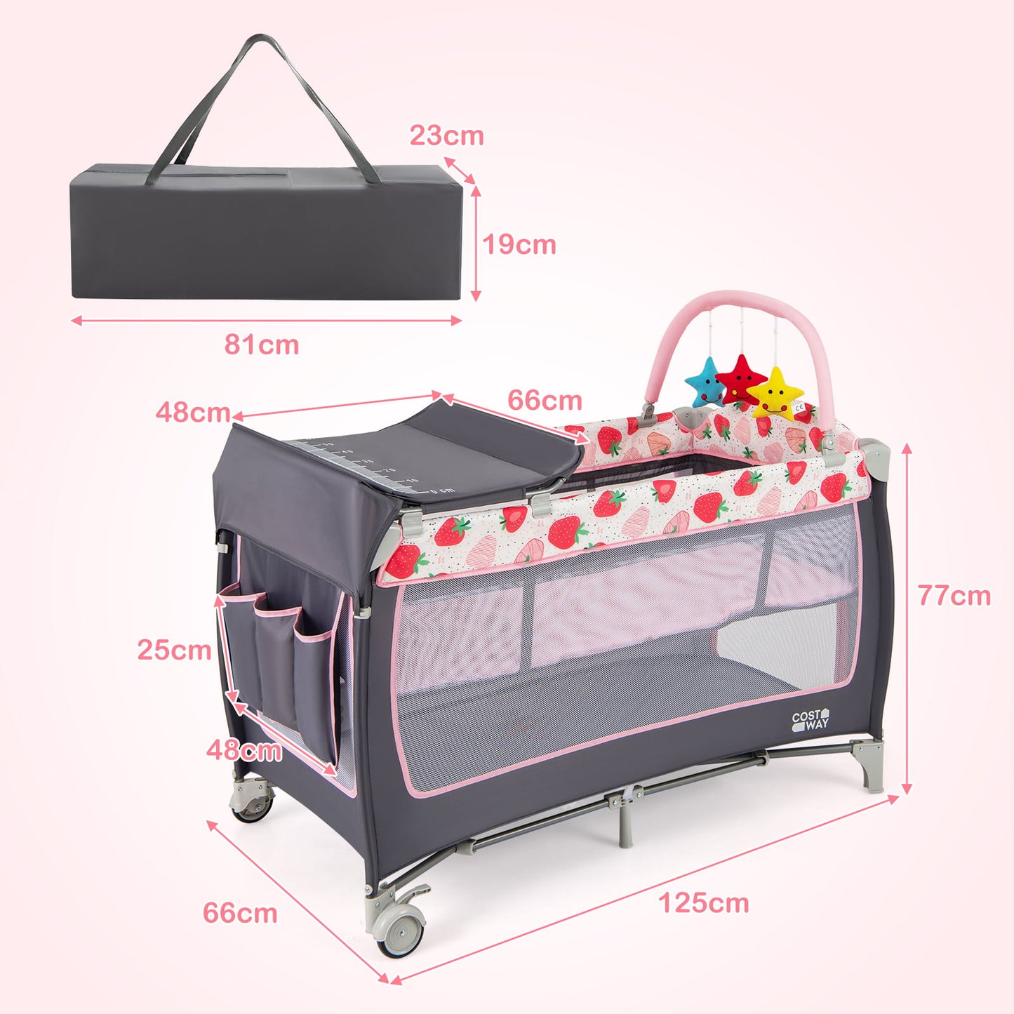 3 in 1 Baby Playard Portable Infant Nursery Center with Toy Bar-Pink
