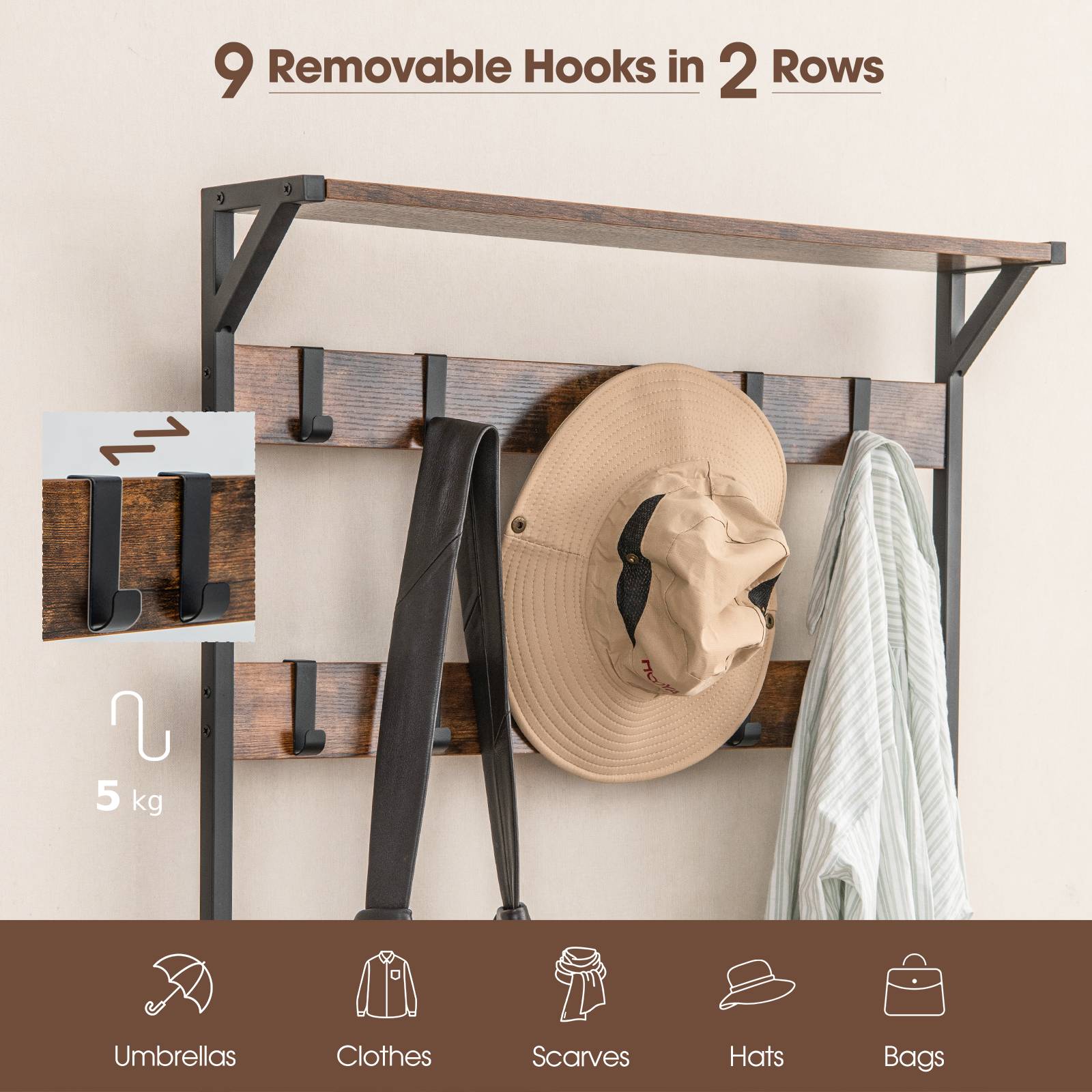 3-in-1 Coat Rack Freestanding Industrial Entryway Storage Shelf-Rustic Brown