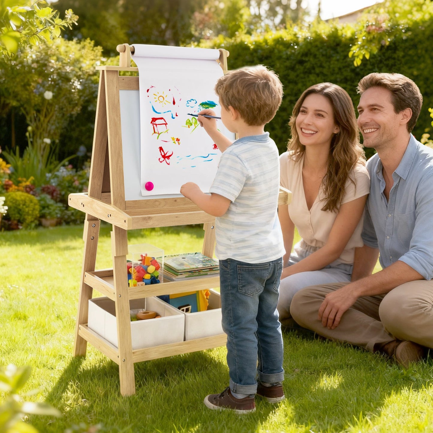 Children's Double-Sided Art Easel with Paper Roll-Natural