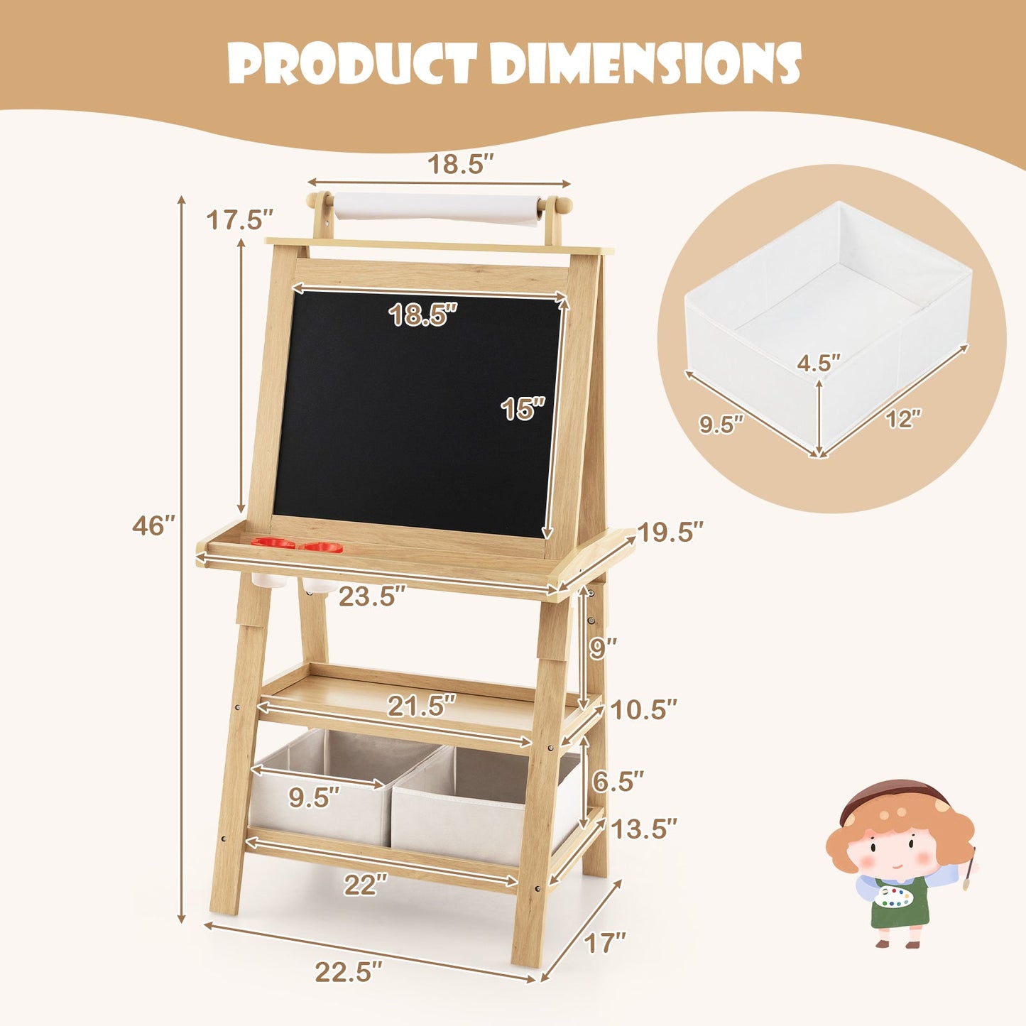 Children's Double-Sided Art Easel with Paper Roll-Natural